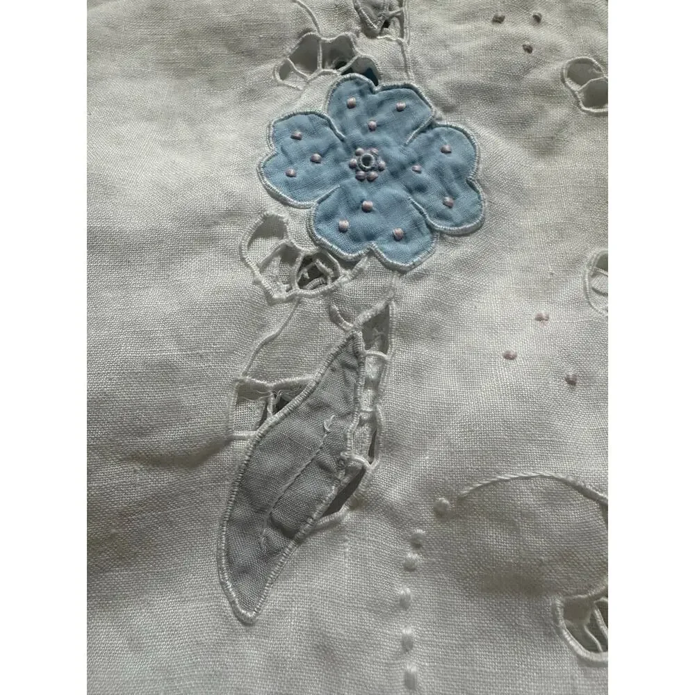 Vintage Hand Embroidered Tablecloth White floral blue linen cut out 98x58”